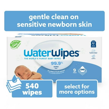 WaterWipes Original 99.9% Water Based Baby Wipes, Unscented, 9 Resealable Packs (540 Wipes)