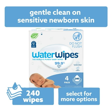WaterWipes Original 99.9% Water Based Baby Wipes, Unscented, 4 Resealable Packs (240 Wipes)