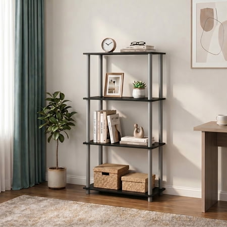 Furinno TURN-N-TUBE Storage Shelves, 4-Tier Book Shelf, Corner Shelf, Toolless Open Shelves, for Organization and Storage, Living Room, Bedroom, Entryway, Laundry, Black
