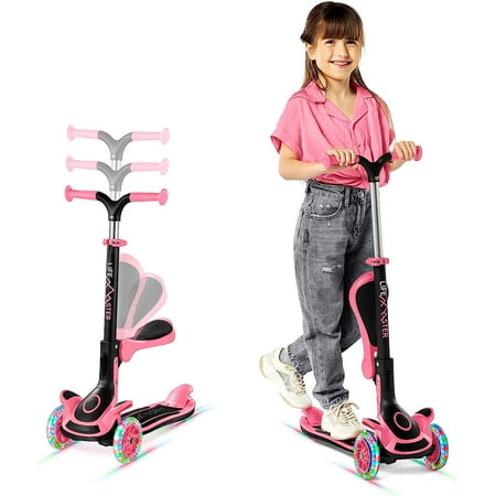 Kids Scooter – Foldable Seat – LED Wheel Lights Illuminate When Rolling – Children and Toddler 3 Wheel Kick Scooter – Adjustable Handlebar – Indoor and Outdoor- Watermelon - by Lifemaster