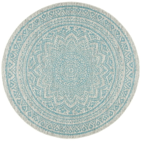 SAFAVIEH Courtyard Josiah Floral Medallion Indoor/Outdoor Area Rug, 5'3" x 5'3" Round, Light Grey/Aqua