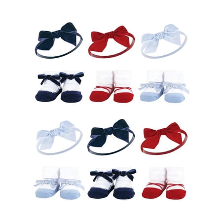 Hudson Baby Infant Girl 12Pc Headband and Socks Giftset, Dark Red Blue, One Size