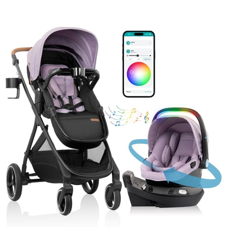 Evenflo Shyft Intuiti+ Travel System Featuring Revolve180 LiteMax NXT Preemie and Infant Car Seat with SensorySoothe and Green & Gentle (Agate Purple)