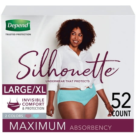 Depend Silhouette Incontinence & Postpartum Underwear for Women, Maximum Absorbency, Large & Extra-Large, Berry & Teal, 52 Count (2 Packs of 26)