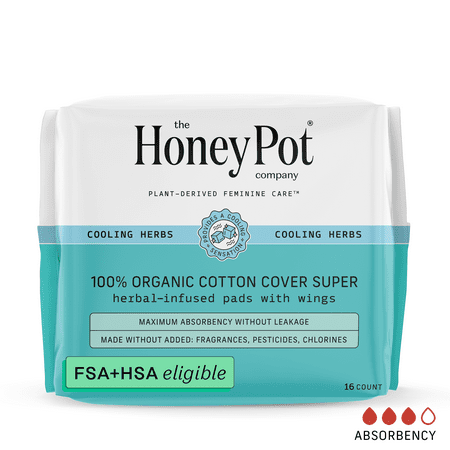 Honey Pot 100% Organic Cotton Cover Cooling Herbal Infusion Super Pads, 16 Count