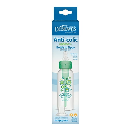 Dr. Brown's Anti-Colic Options+ Narrow Sippy Bottle Starter Kit, 8oz/250ml, Green, BPA Free, 6m+
