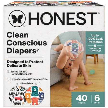 The Honest Company Clean Conscious Diapers® | Up to 100% Leak Protection I Designed to Protect Delicate Skin I Hypoallergenic + Fragrance Free | Beary Cool + Big Trucks, Size 6, 40 Count Club Box