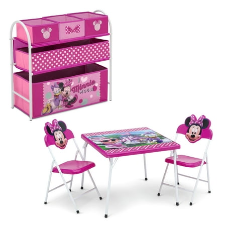 Disney Minnie Mouse 4-Piece Toddler Playroom Set by Delta Children - Includes Table & 2 Chair Set and Multi-Bin Toy Organizer