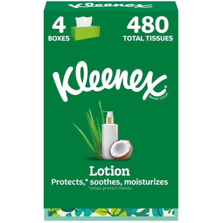 Kleenex Lotion Facial Tissues with Coconut Oil, 4 Flat Boxes, 120 Tissues Per Box, 3-Ply