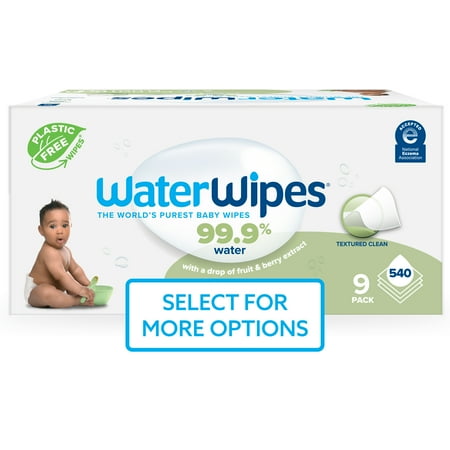 WaterWipes Textured Clean 99.9% Water Based Toddler & Baby Wipes, 9 Resealable Packs (540 Wipes)