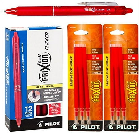 Pilot FriXion Clicker Retractable Gel Ink Pens, Eraseable, Fine Point 0.7mm, Red Ink, Pack of 12 with Bonus 2 Packs of Refills
