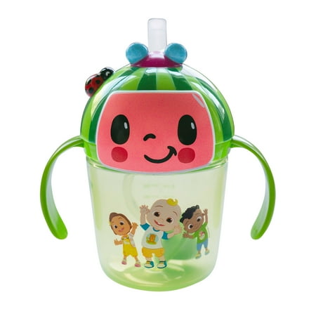 CoComelon Weighted Straw Cup - Spill Proof Toddler Straw Cups with Flip Top Cover - Transition Sippy Cups - Toddler Feeding Supplies - 7 Oz - Ages 6 Months and Up