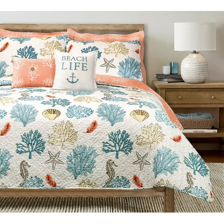 Lush Decor Coastal Reef Feather Quilt Blue/Coral 7Pc Set Full/Queen