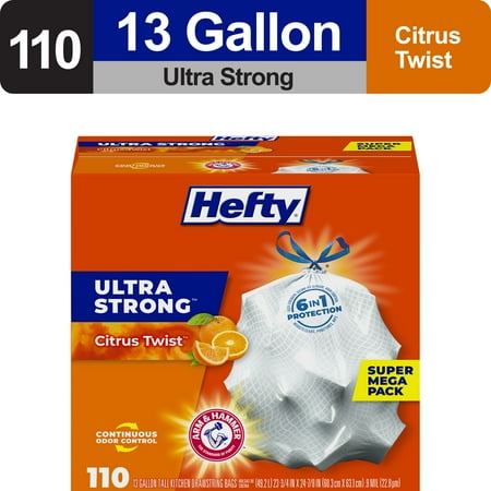 Hefty Ultra Strong 13 gallon Trash Bags, Tall Kitchen Trash Bags, White, Citrus Twist Scent, 110 Bags