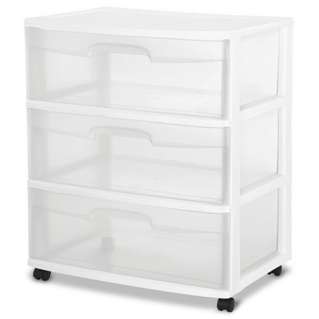 Sterilite Storage Drawer, 3 Drawer Wide Plastic Storage Cart with Clear Pull Out Drawers, White