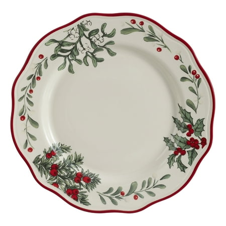 Better Homes & Gardens Heritage Christmas Dinner Plate, 10.98in Dia, Ceramic Dinner Plate with gorgeous scallop-shaped trim, Made from durable stoneware and Dishwasher and Microwave safe