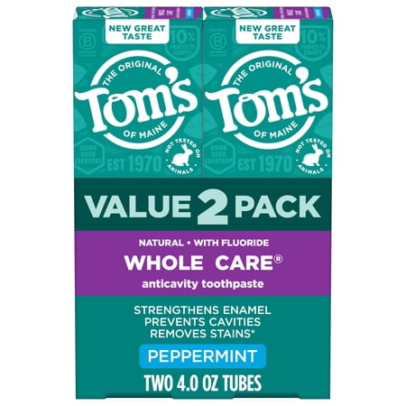 Tom's of Maine Whole Care Natural Toothpaste with Fluoride, SLS Free Toothpaste, Peppermint, 4.0 oz, 2 pack