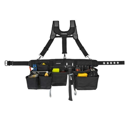 Husky 3-Bag 17 Pocket Black Framer's Suspension Rig Work Tool Belt with Suspenders