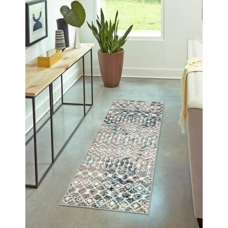 Unique Loom 2' 0 x 6' 0  Alaoui Geometric Trellis Multi Gray Blue Runner Rug