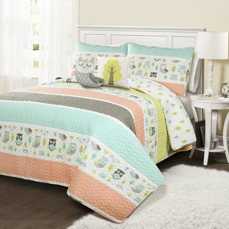 5pc Full/Queen Kids' Owl Striped Reversible Quilt Set with Owl Throw Pillow Coral - Lush Décor