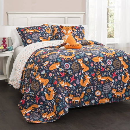 Lush Decor Pixie Fox Kids Animal Print Reversible Quilt, Twin, Navy, 3-Pc Set