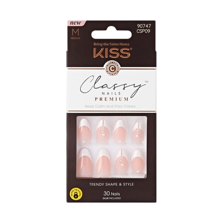 KISS Classy Premium Press on Nails, Highlights, White, Medium Almond, 30 Count
