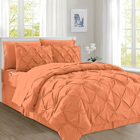 Elegant Comfort 8-Piece Pinch Pleated Comforter Set - All Season Bed in a Bag, Includes Smart Sheet Set, Bed Skirt, Comforter, Pillowcases & Shams, Full/Queen, Coral
