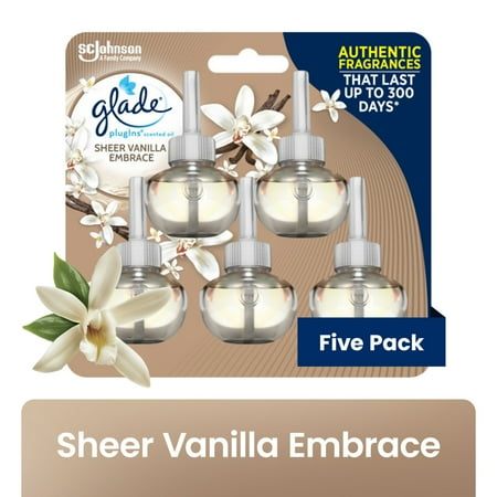 Glade PlugIns Air Freshener Refills, Mothers Day Gifts, Sheer Vanilla Embrace, Infused with Essential Oils, 0.67 oz, 5 Count