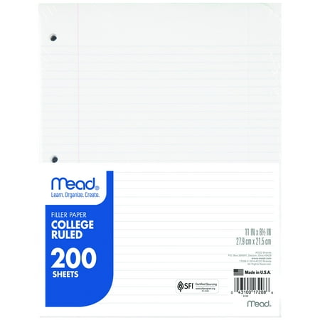 Mead Filler Paper 15lb College Rule 11 x 8 1/2 White 200 Sheets 17208