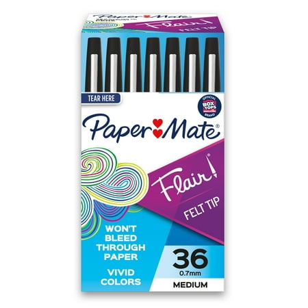 Paper Mate Flair Felt Tip Marker Pen, Black Ink, Medium, 36 per Box