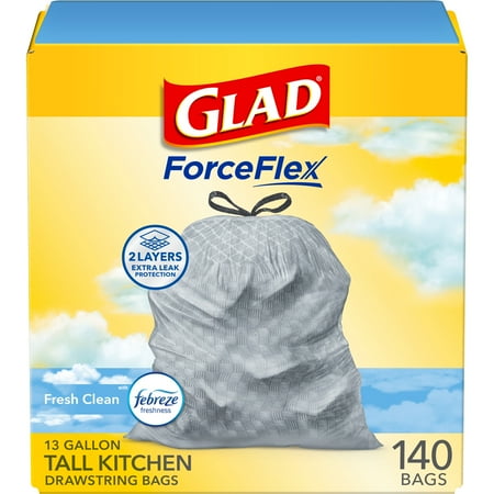 Glad ForceFlex Tall Kitchen Drawstring Trash Bags, 13 Gallon, Fresh Clean with Febreze Freshness, 140 Bags
