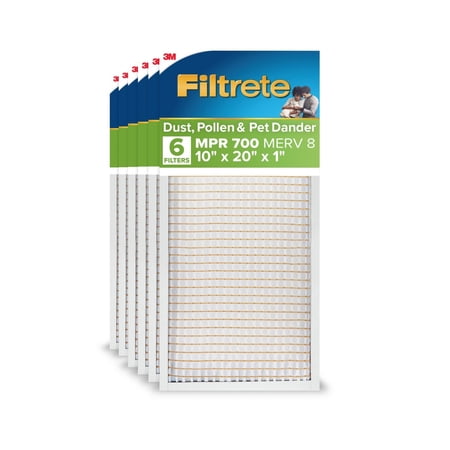 Filtrete 10x20x1 HVAC Furnace Air Filter, MPR 700 MERV 8, Dust, Pollen, and Pet Dander Reduction, 6 Pack