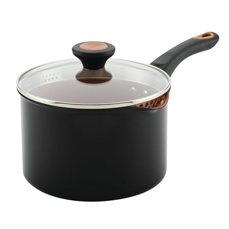 Farberware Glide Copper Ceramic Nonstick Straining Saucepan, 3-Quart, Black
