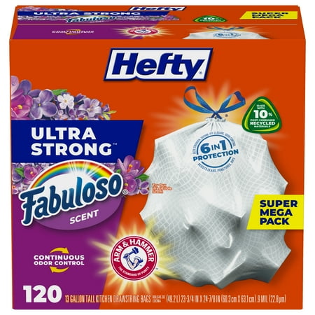 Hefty Ultra Strong 13 gallon Trash Bags, Tall Kitchen Trash Bags, White, Fabuloso Scent, 120 Bags