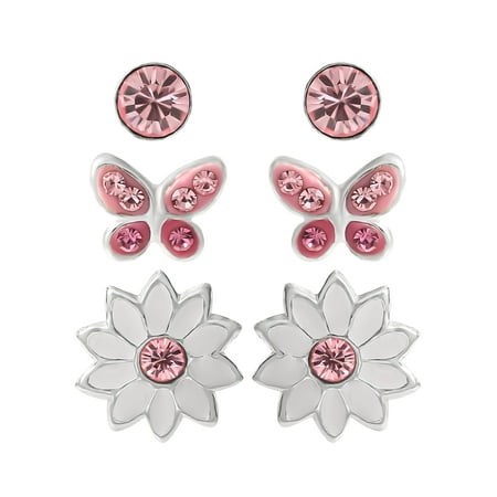 Brilliance Fine Girl’s Crystal Sterling Silver Butterfly and Daisy Icon Stud Earring Set, 3 Pairs