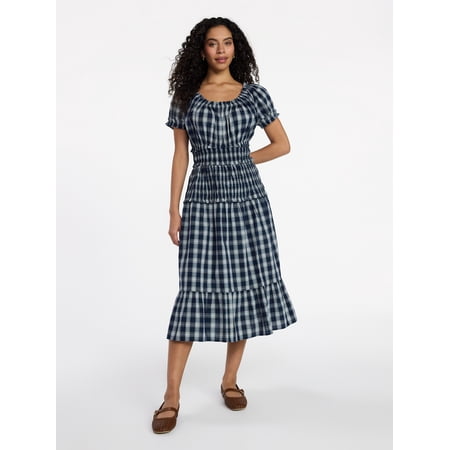 Time and Tru Women's Smocked Cotton Peasant Dress with Short Sleeves, Sizes XS-XXXL