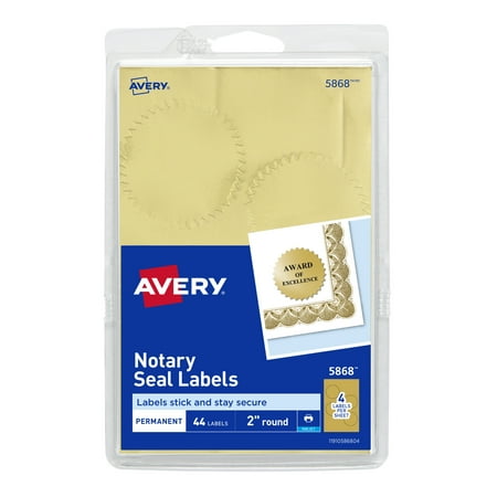 Avery(R) Metallic Gold Print or Write Notarial Seals for Inkjet Printers 5868, 2" Diameter, Pack of 44