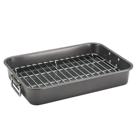 Farberware Bakeware 10.5" x 15" Nonstick Roaster with Flat Rack, Gray