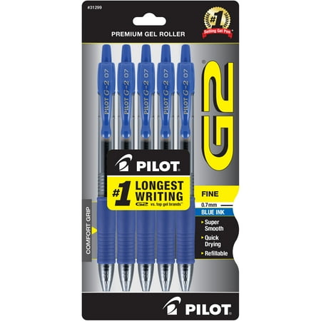 Pilot G2 Retractable Gel Pens, Fine Point (0.7 mm), Blue Ink, 5 Count