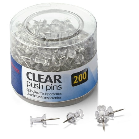 Officemate Push Pins, 200/Tub, 1/4" Diameter, 1/2" Head Length, 3/8" Point Length, Clear (35711)