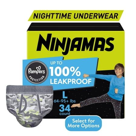 Ninjamas Boys Bedwetting Nighttime Underwear, Size L (64-95+ lbs), 34 Count (Select for More Options)