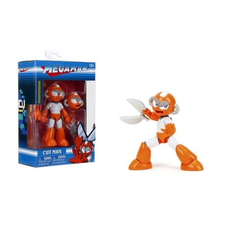 Jada Mega Man 4" Cut Man 1:12 Scale Action Figure, Wave 2 – 15+ Points of Articulation, Alternate Hands & Head, Rolling Cutter Accessory