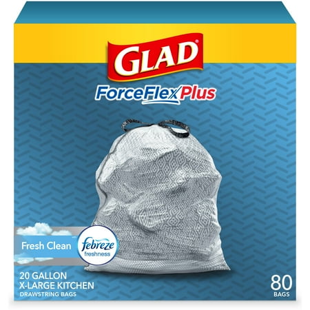 Glad ForceFlex Plus 20 Gallon Gray Drawstring XL Kitchen Trash Bag, Fresh Clean, 80 Bags