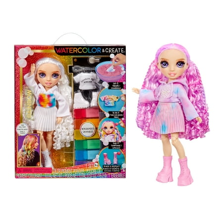 Rainbow High Watercolor & Create Fashion DIY Doll with Washable Watercolors + Tie-Dye Kit, Purple Eyes, Curled Hair, Top & Shoes, 4-12+