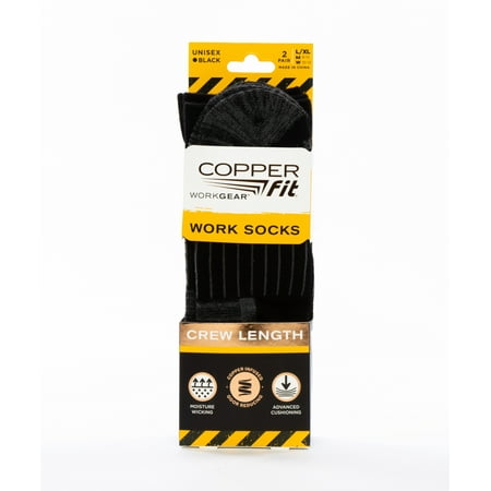 Copper Fit Work Gear Work Socks, Crew Length with Advanced Cushioning, Black, L/XL