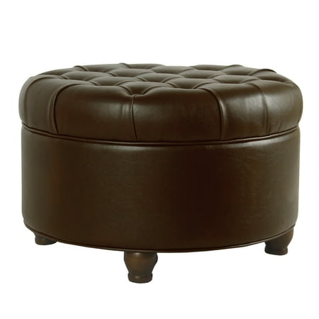 Large Tufted Round Storage Ottoman Faux Leather Brown - HomePop