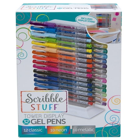 Scribble Stuff 32ct gel pens tower in bright fun colors, an assortment of 12 classic, 10 neon and 10 metallic fashion ink colors in display stand.
