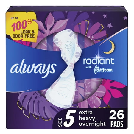 Always Radiant Feminine Pads, Size 5 Extra Heavy Overnight, with Wings, 26 CT