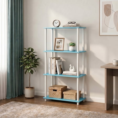 Furinno TURN-N-TUBE Storage Shelves, 4-Tier Book Shelf, Corner Shelf, Toolless Open Shelves, for Organization and Storage, Living Room, Bedroom, Entryway, Laundry, Soft Blue