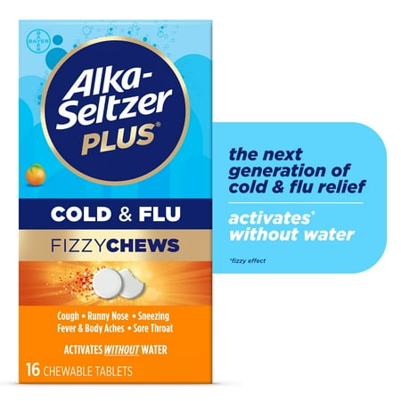 NEW Alka Seltzer Plus Cold & Flu Fizzy Chews, No Water Needed, Orange Flavor, 16 Count